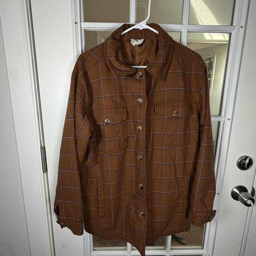 Cotton & Rye Brown Wool Blend Shacket Rust Plaid Western Equestrian Cabin